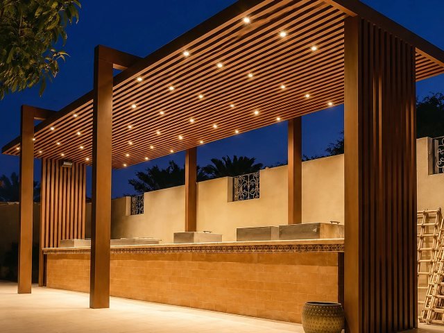 برجولة خارجية بهيكل معدني في حديقة في موقع التنفيذ في الرياض
