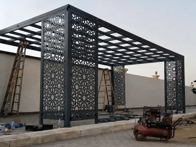 برجولة خارجية بهيكل معدني في حديقة في موقع التنفيذ في الرياض
