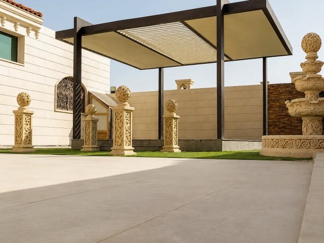 برجولة خارجية بهيكل معدني في حديقة في موقع التنفيذ في الرياض
